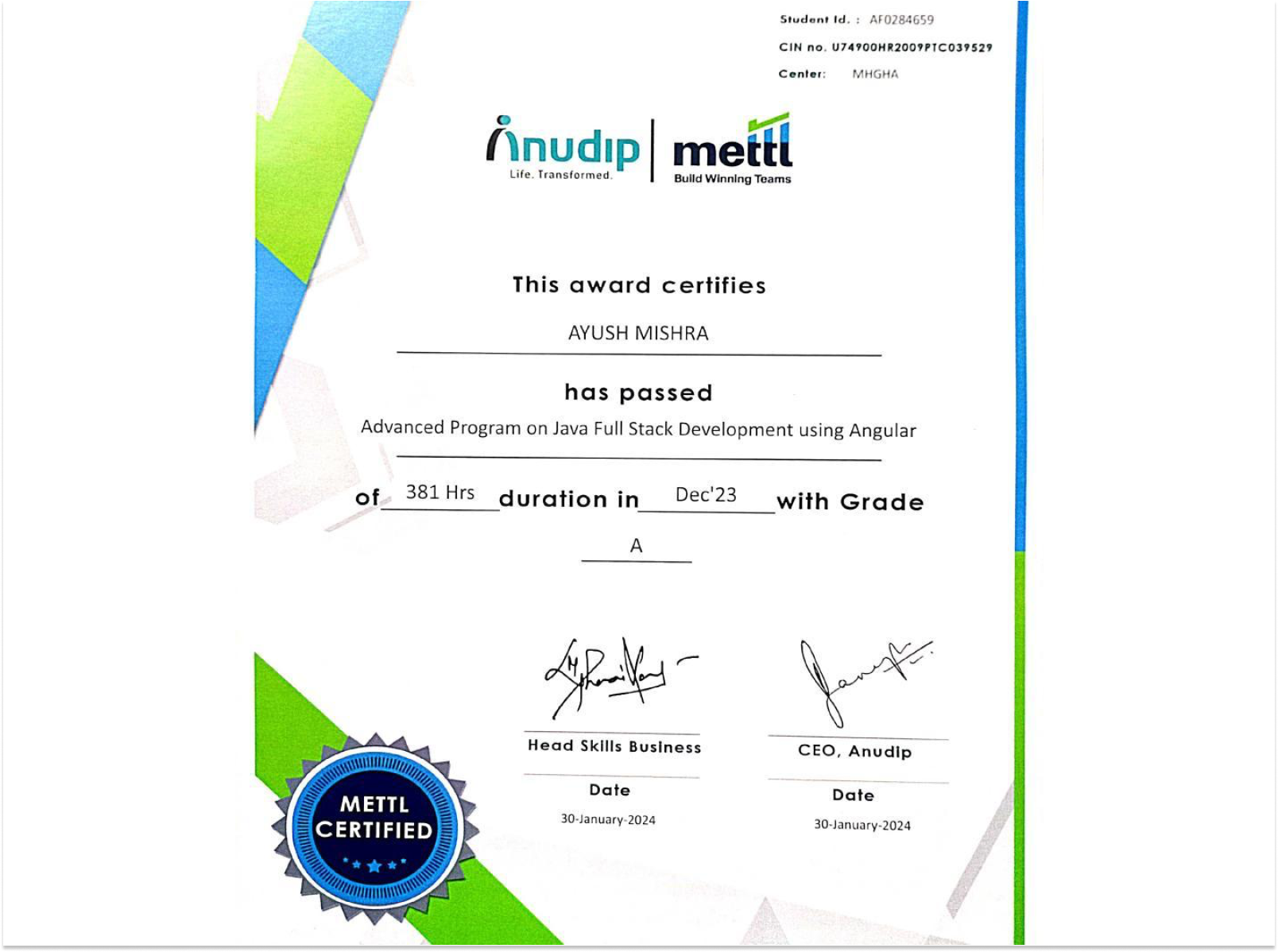 Anudip Java Fullstack Certificate